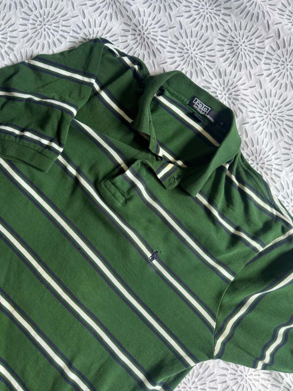 Polo Ralph Lauren Men's Green and White Striped Short Sleeve Polo Shirt Large